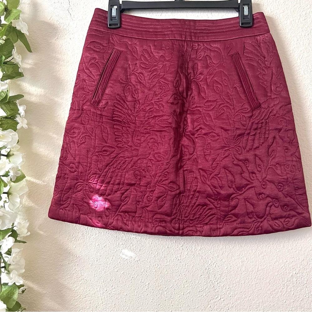 Anthropologie Maeve Burgundy Red Floral Textured Beatrice Quilted Mini Skirt - Picture 3 of 13